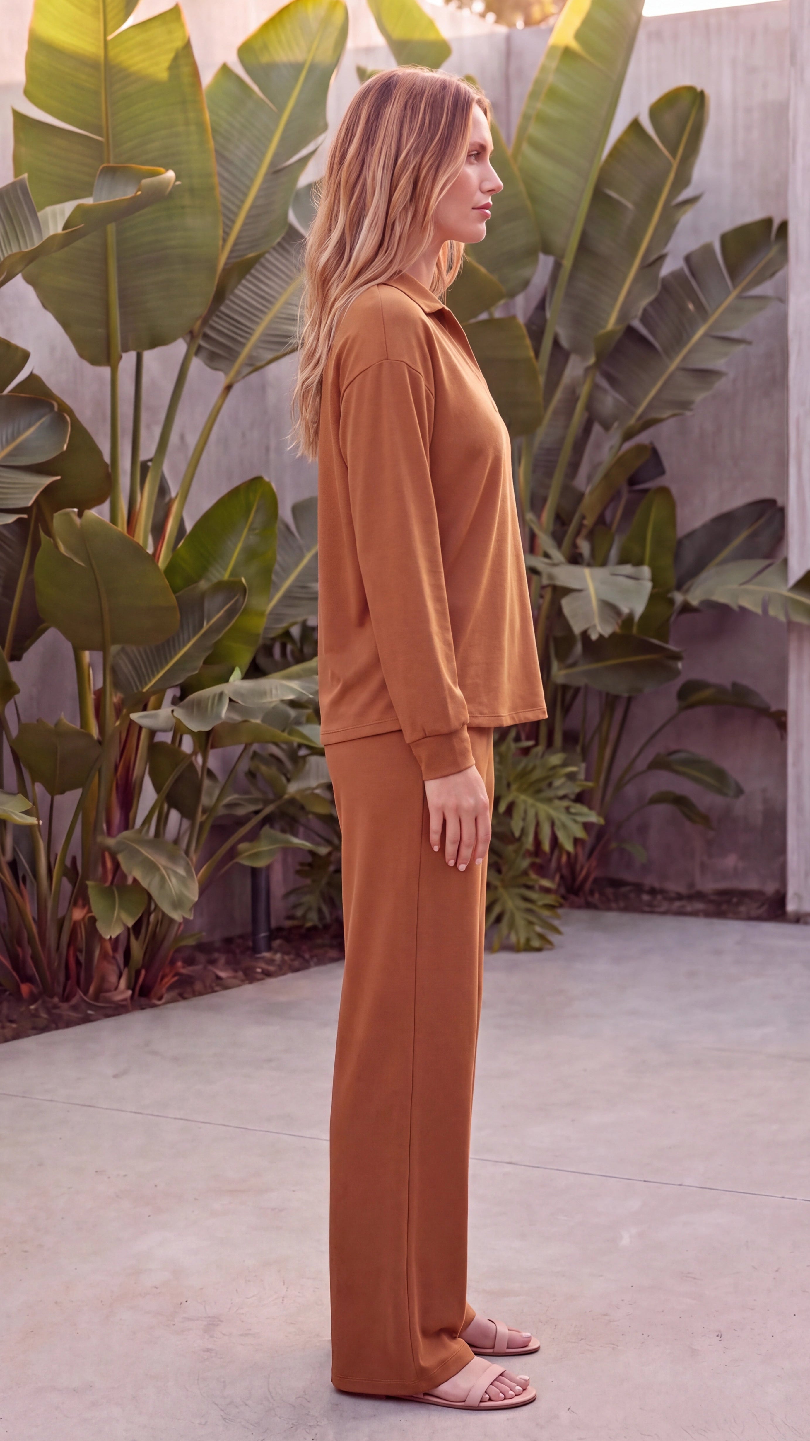 Women's Two Piece Polo Collar Long Sleeve Wide Leg Lounge Set