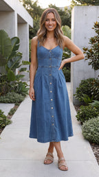 Women’s Sleeveless Button Up Denim Look Midi Dress with Pockets