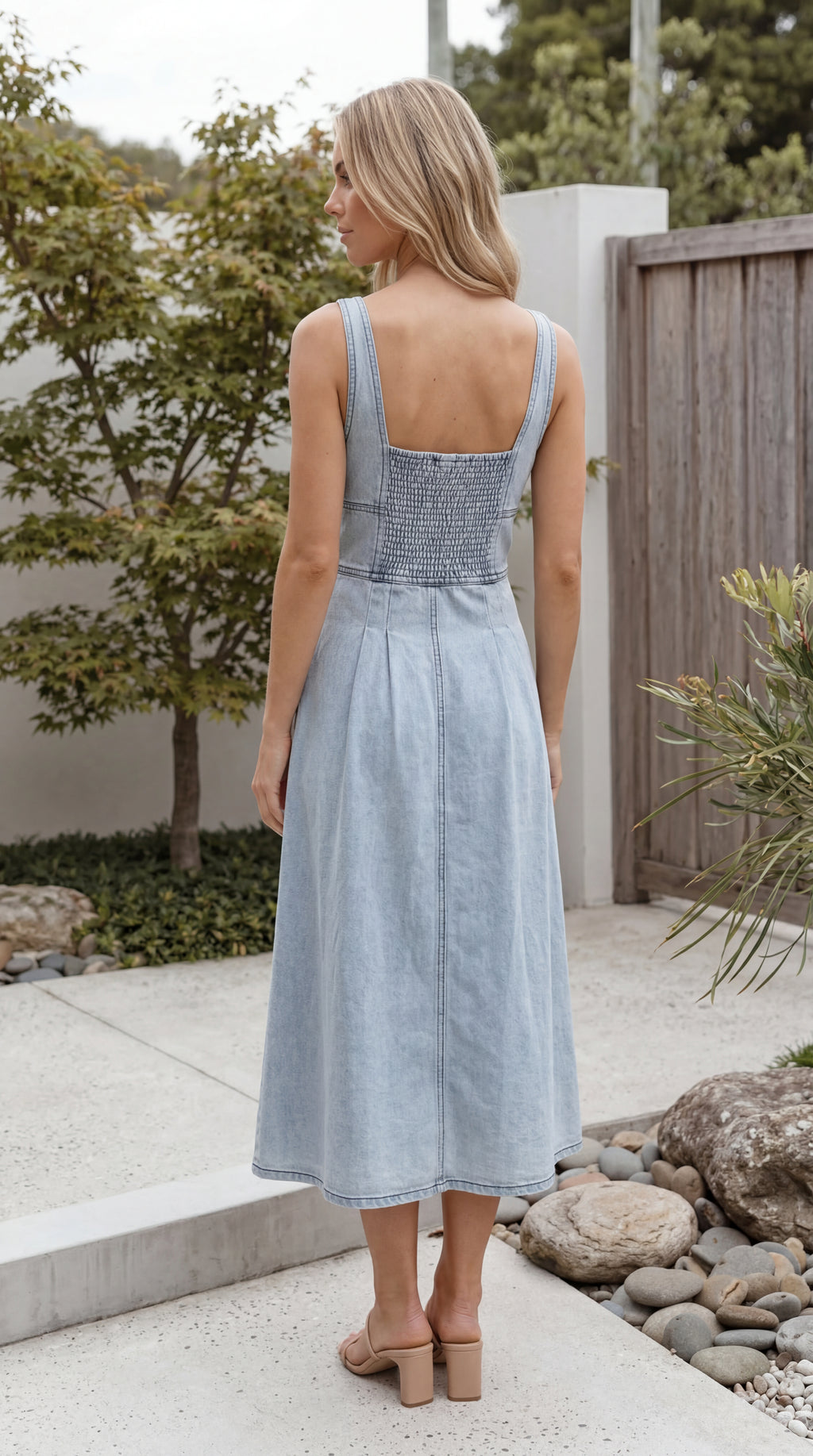 Women’s Sleeveless Button Up Denim Look Midi Dress with Pockets