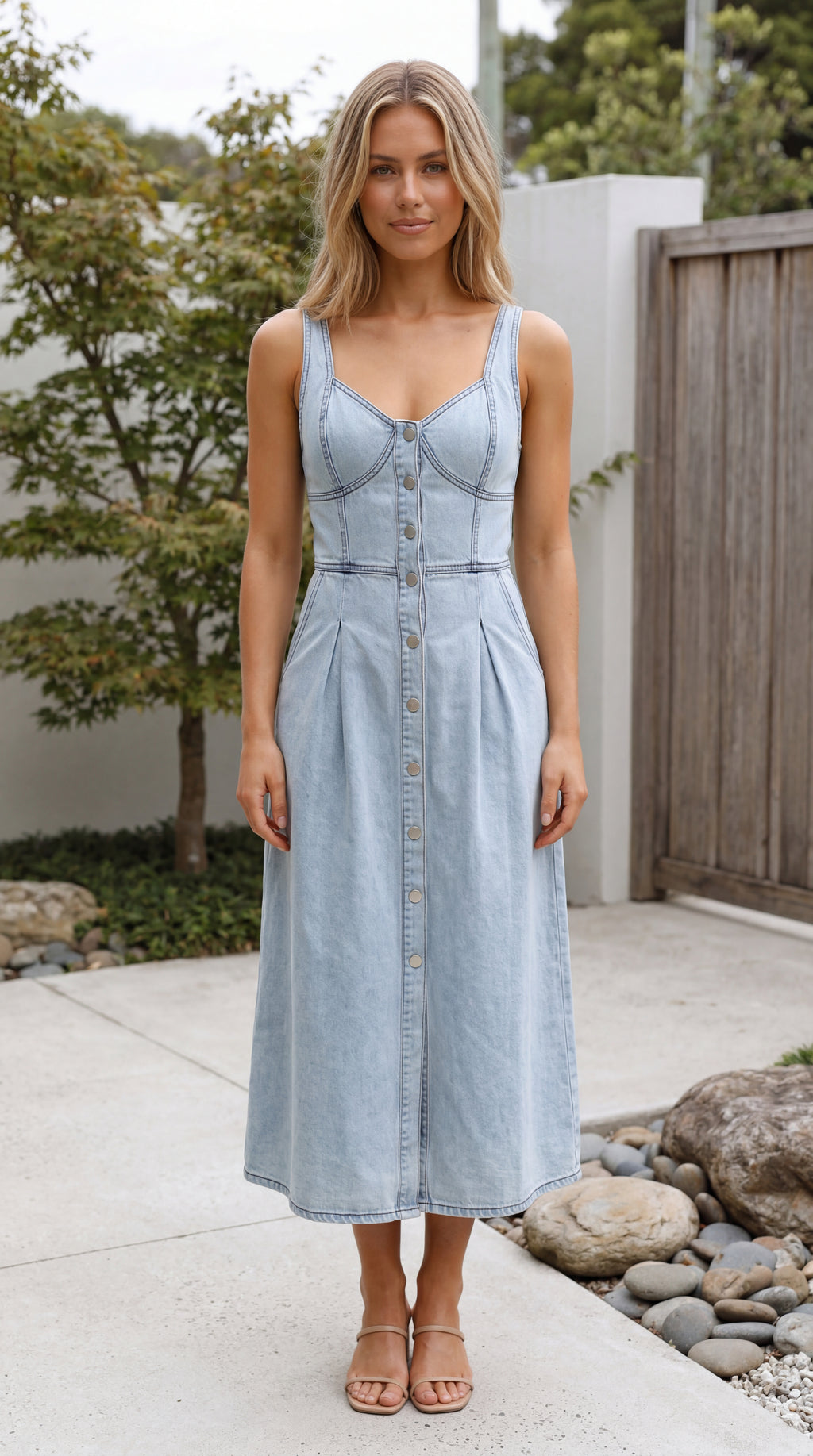 Women’s Sleeveless Button Up Denim Look Midi Dress with Pockets