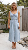 Women’s Sleeveless Button Up Denim Look Midi Dress with Pockets