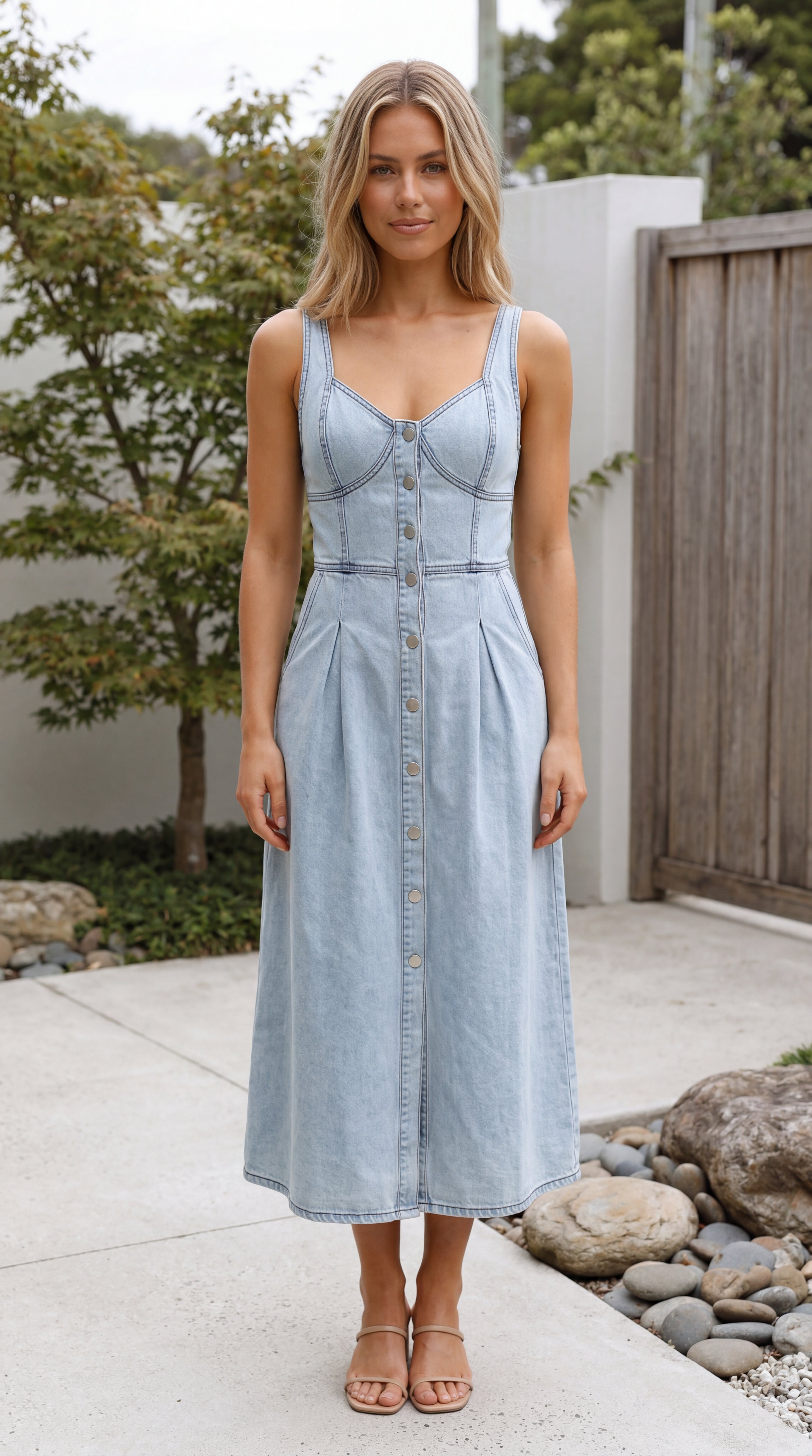 Women’s Sleeveless Button Up Denim Look Midi Dress with Pockets