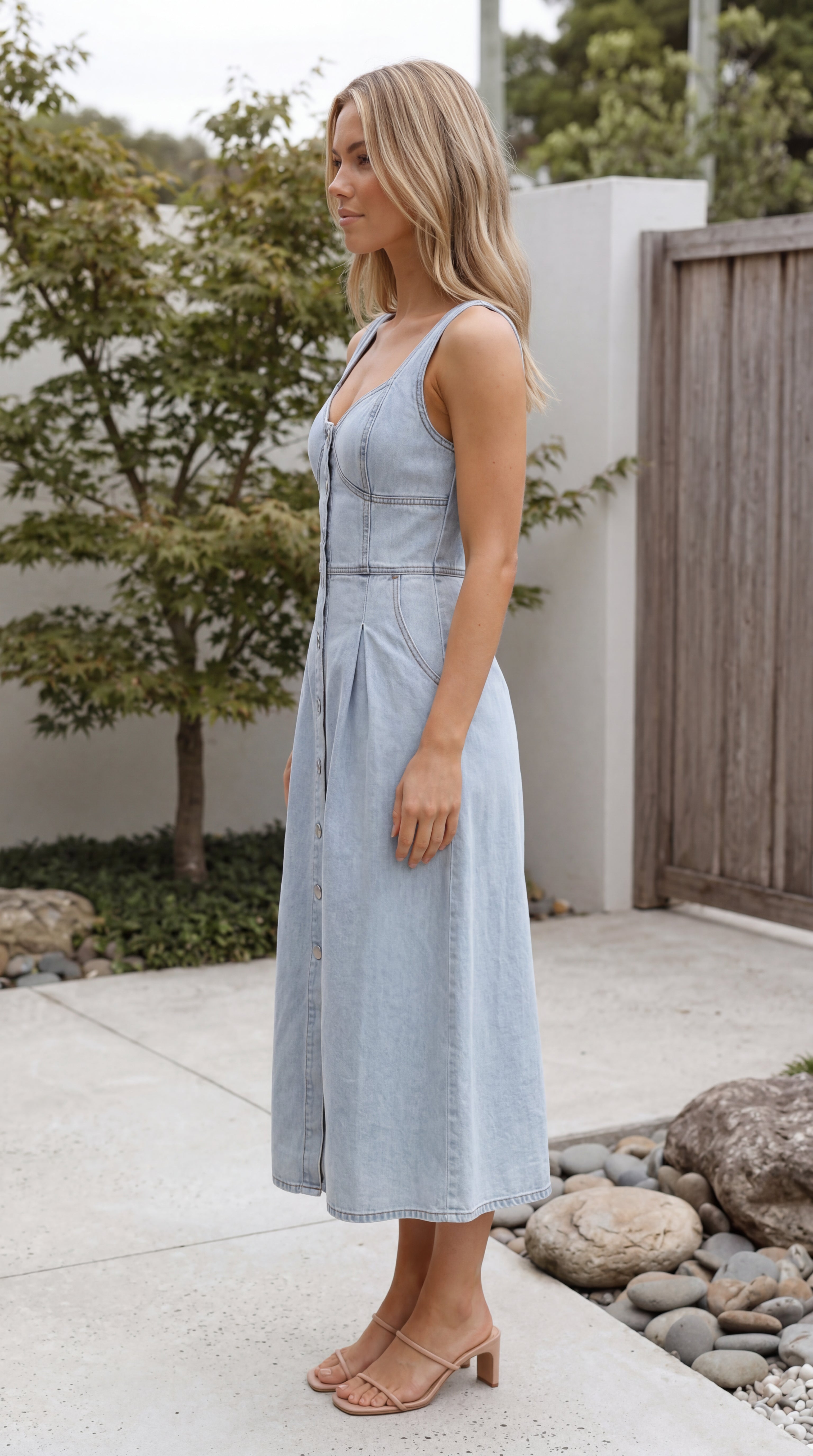 button front denim midi dress Women's Sleeveless Button Up Denim Look Midi Dress with Pockets – Lume De  Label