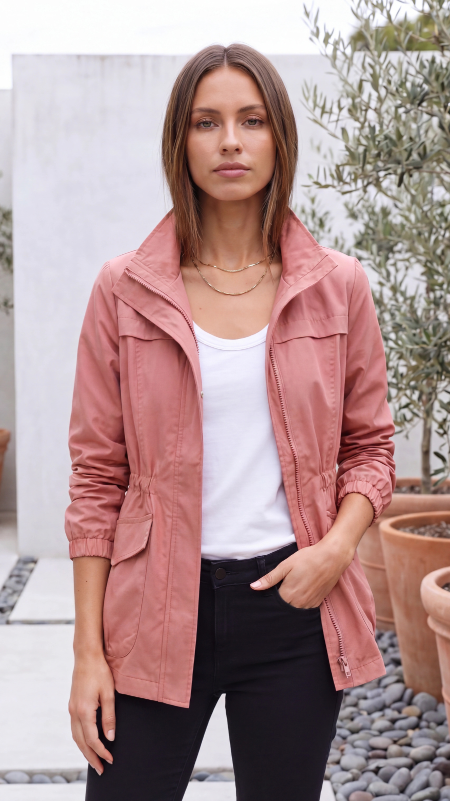 Women's Lightweight Zip Up Drawstring Utility Jacket