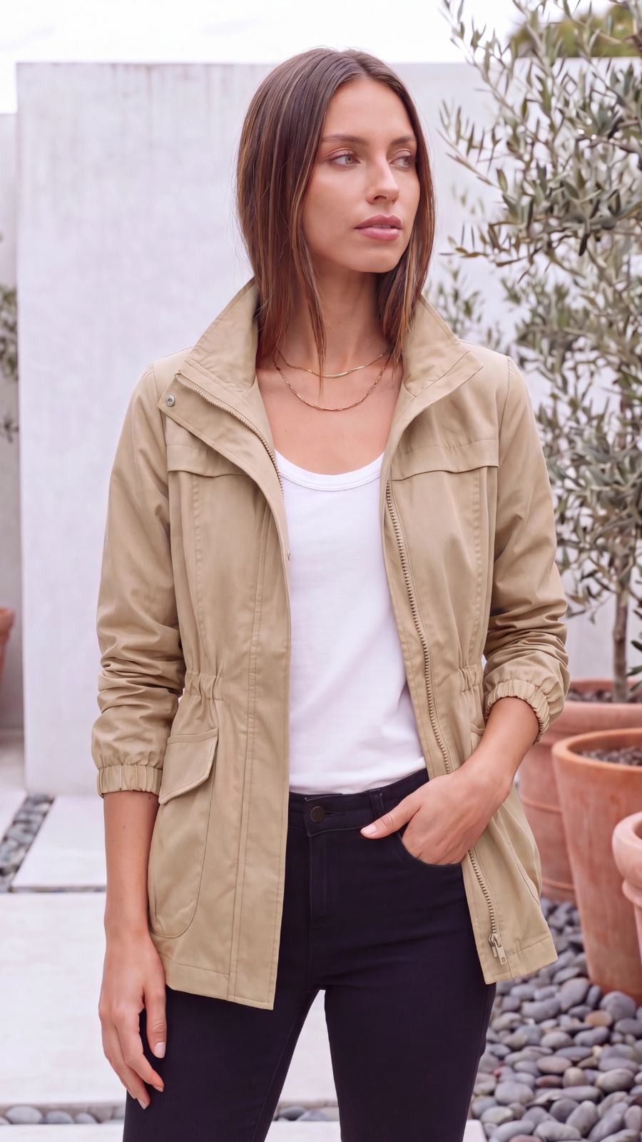 Women's Lightweight Zip Up Drawstring Utility Jacket