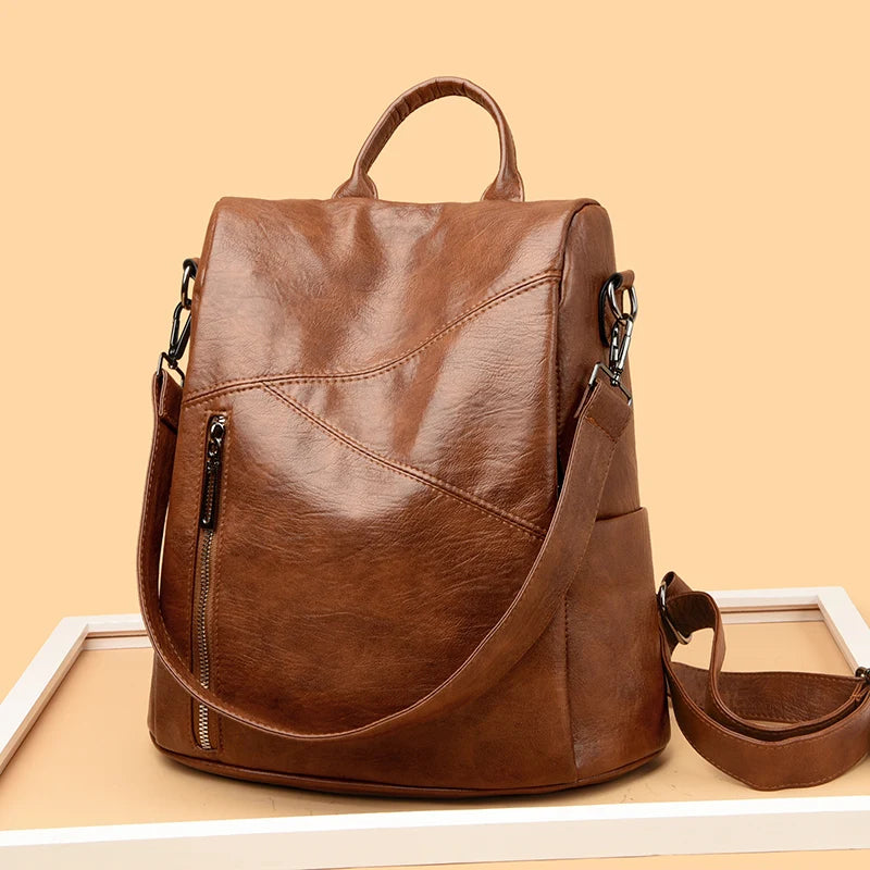 Women's Anti-Theft Faux Leather Backpack brown 2