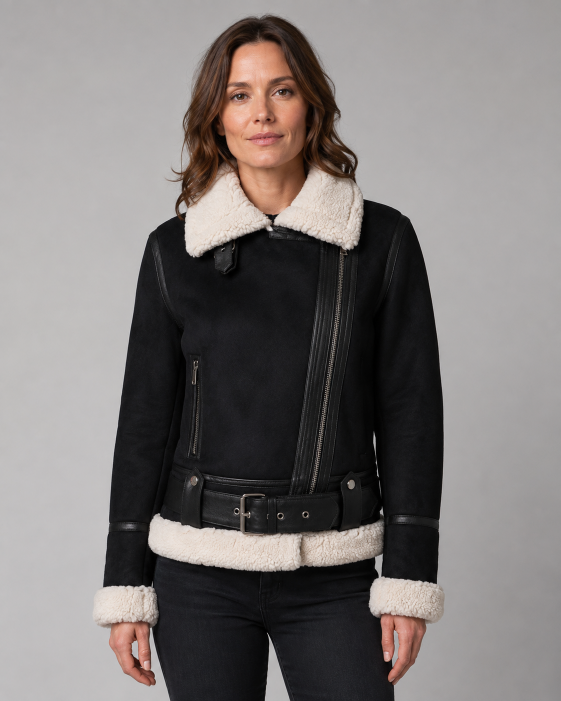 Women's Aviator Jacket with Sherpa Collar and Asymmetric Zip