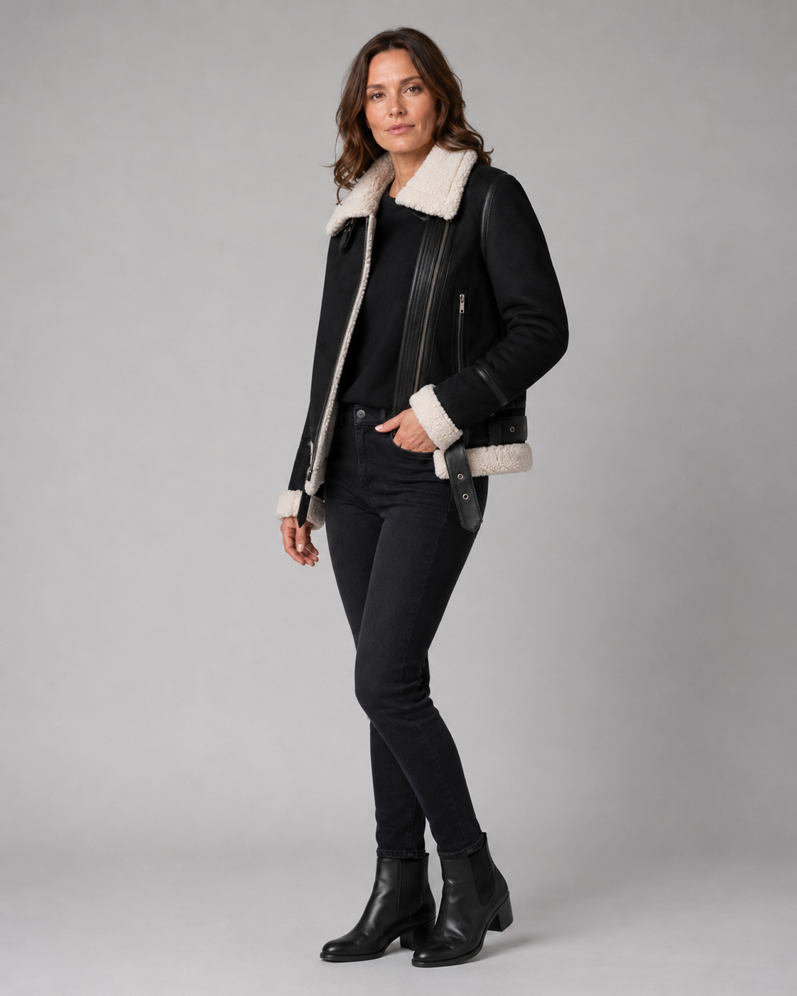 Women's Aviator Jacket with Sherpa Collar and Asymmetric Zip