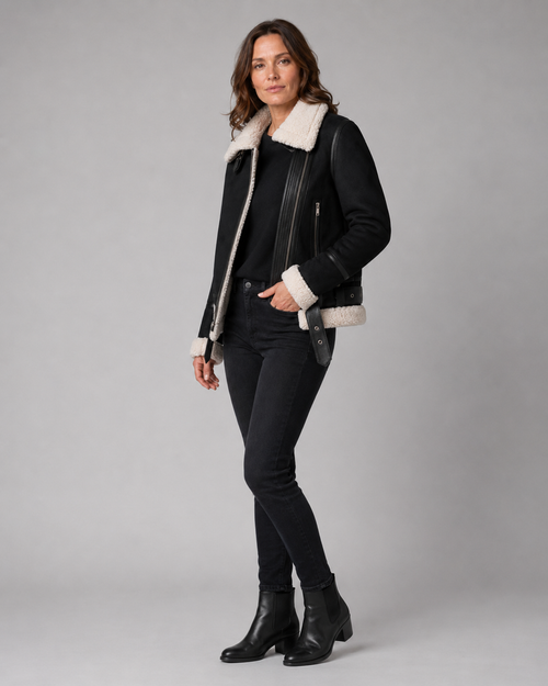 Women's Aviator Jacket with Sherpa Collar and Asymmetric Zip