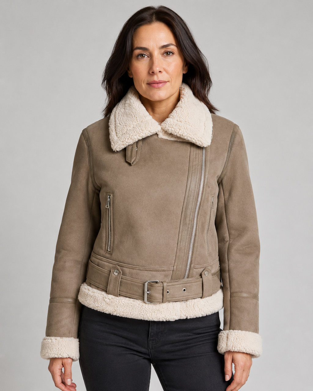 Women's Aviator Jacket with Sherpa Collar and Asymmetric Zip