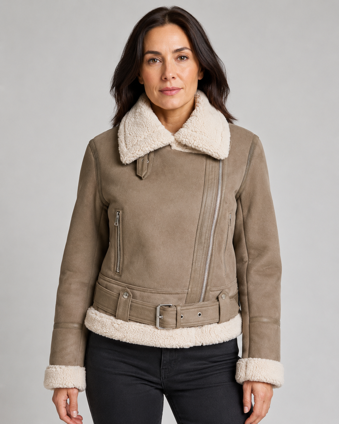 Women's Aviator Jacket with Sherpa Collar and Asymmetric Zip