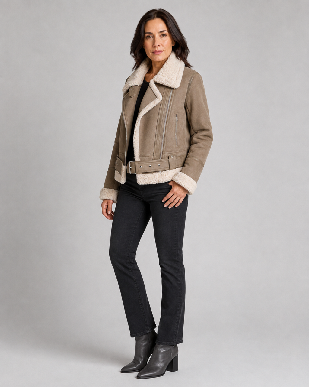 Women's Aviator Jacket with Sherpa Collar and Asymmetric Zip