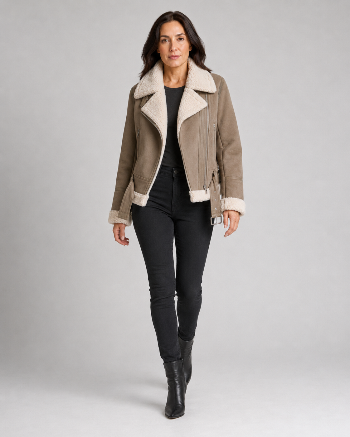 Women's Aviator Jacket with Sherpa Collar and Asymmetric Zip