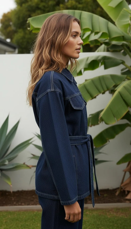 Women's Belted Button-Up Denim Utility Jacket with Chest Pockets
