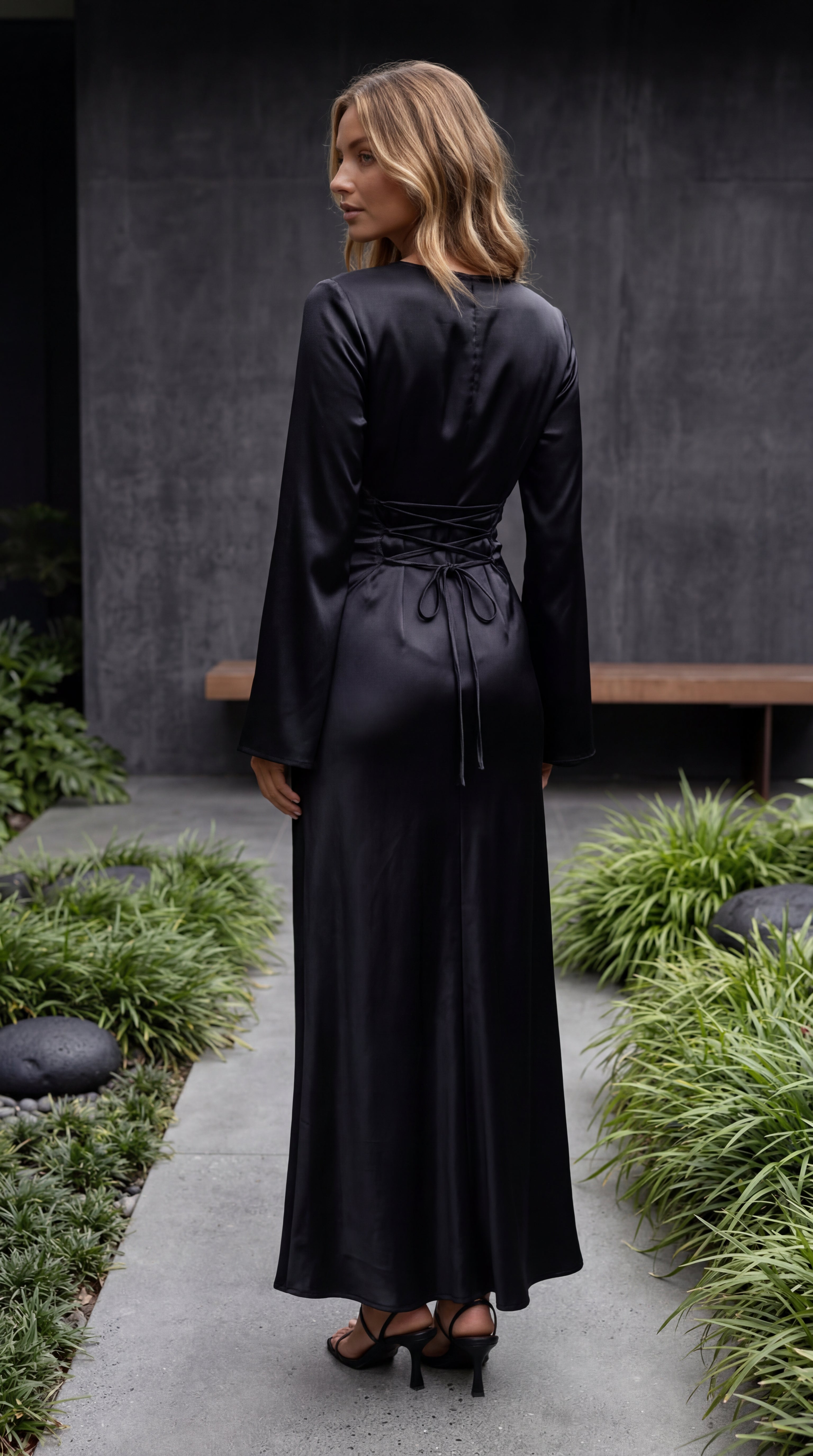 Women’s Boat Neck Flared Bell Sleeve Satin Bias Cut Maxi Dress