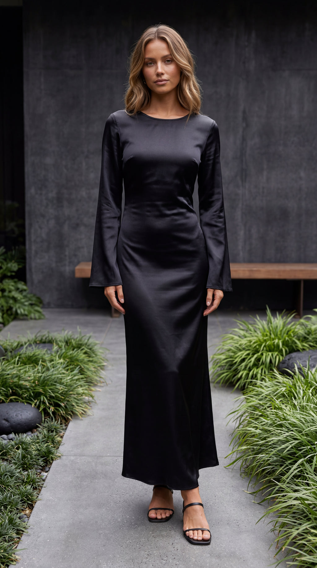 Women’s Boat Neck Flared Bell Sleeve Satin Bias Cut Maxi Dress