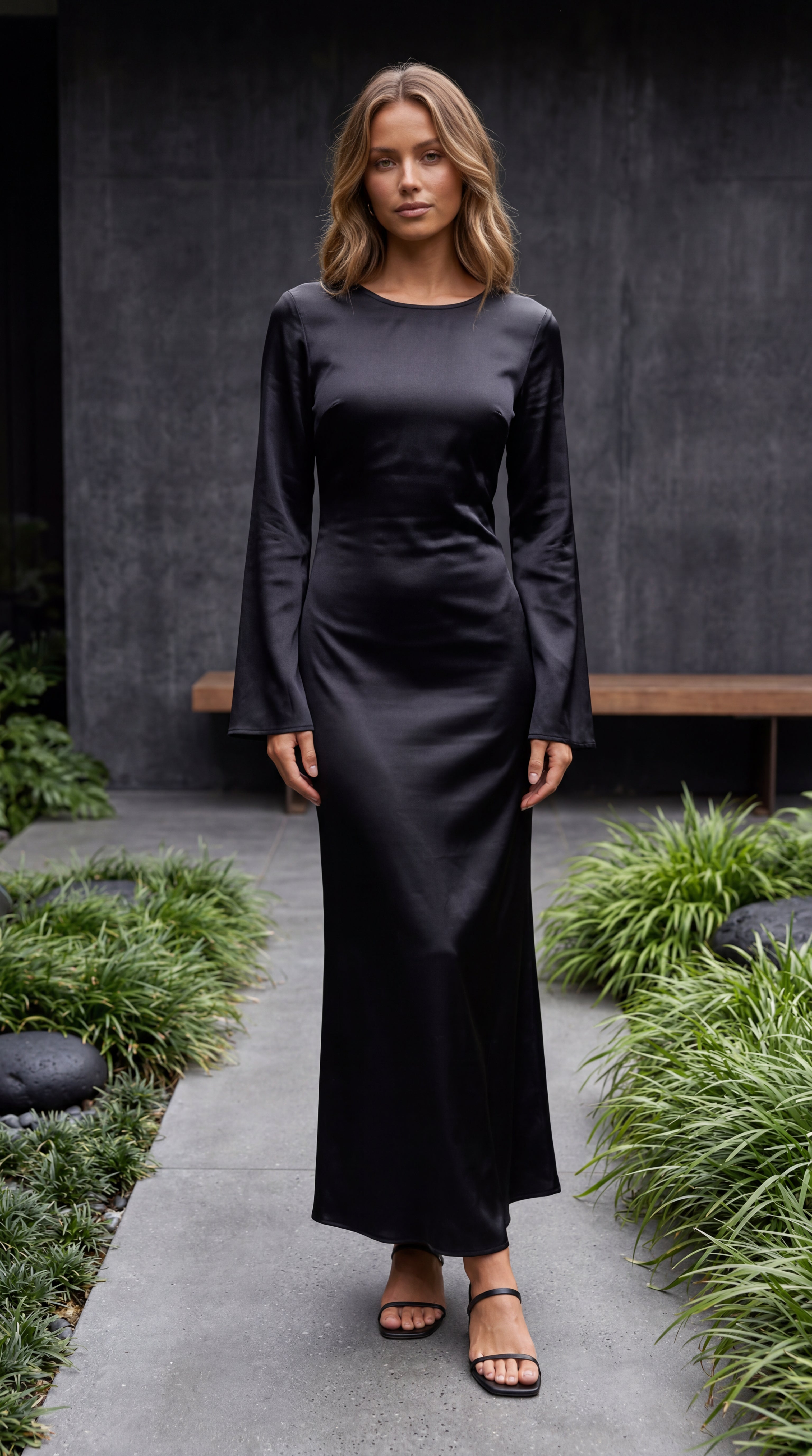 Women’s Boat Neck Flared Bell Sleeve Satin Bias Cut Maxi Dress