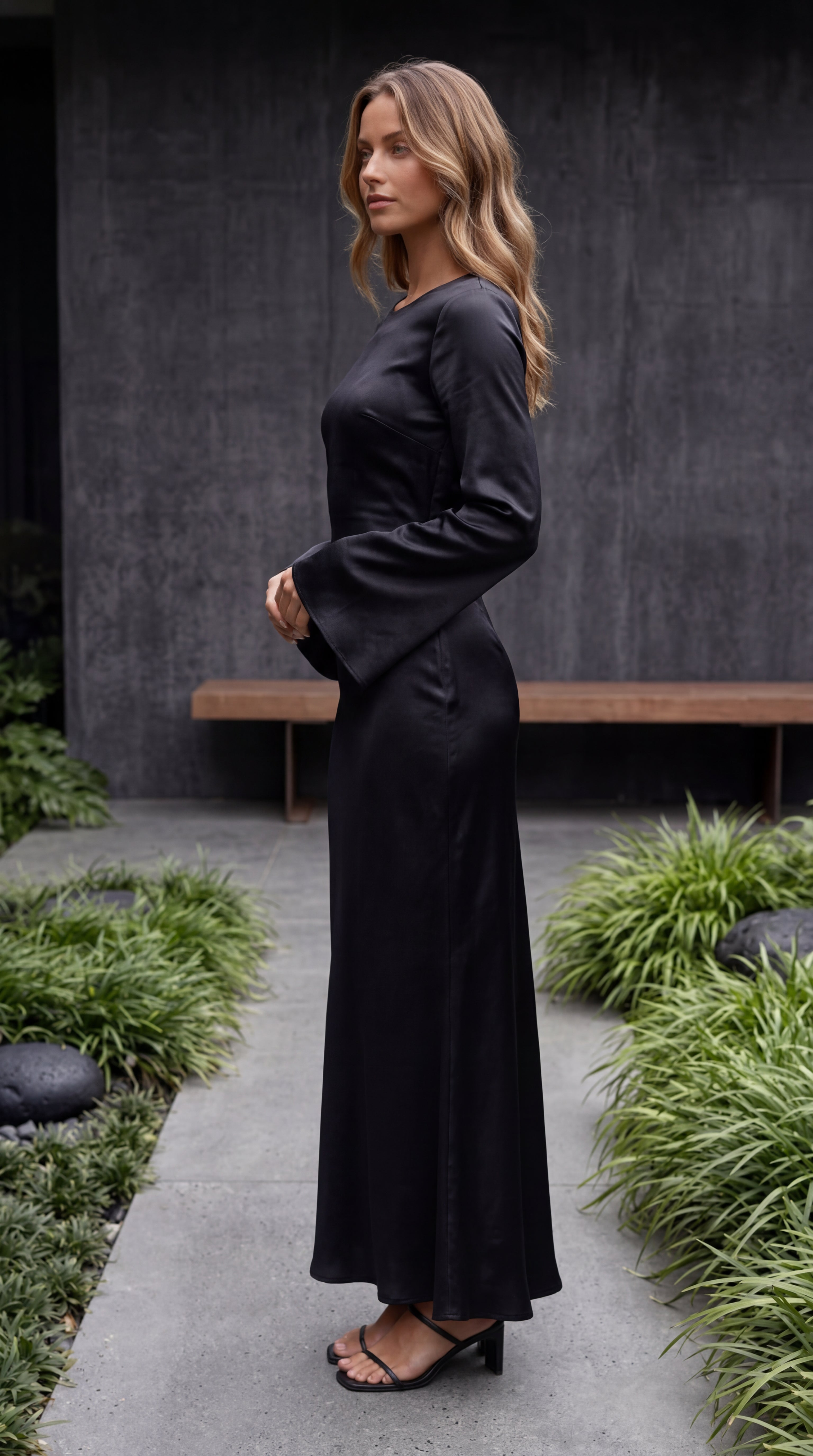 Women’s Boat Neck Flared Bell Sleeve Satin Bias Cut Maxi Dress