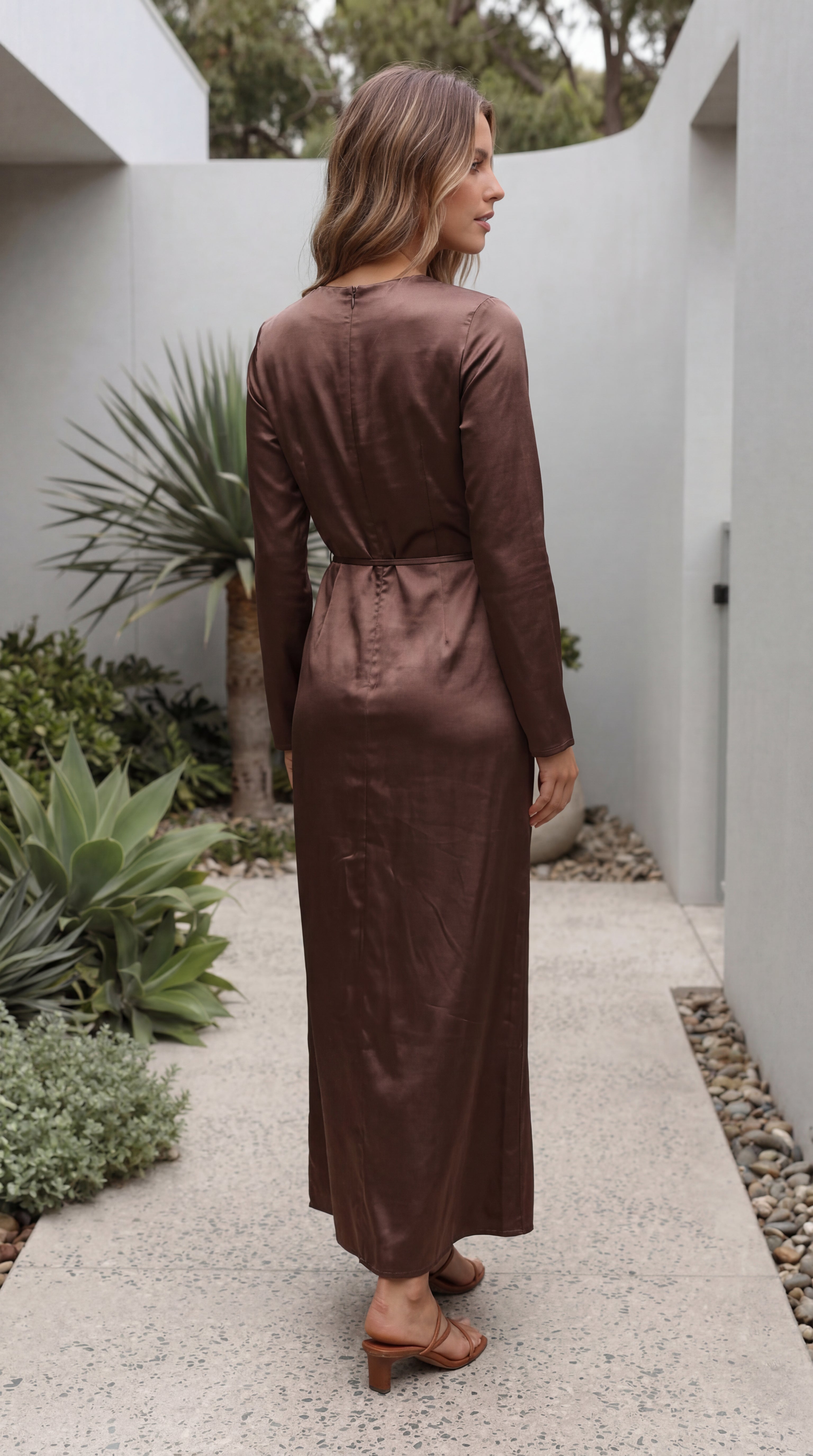 Women’s Boat Neck Flared Bell Sleeve Satin Bias Cut Maxi Dress