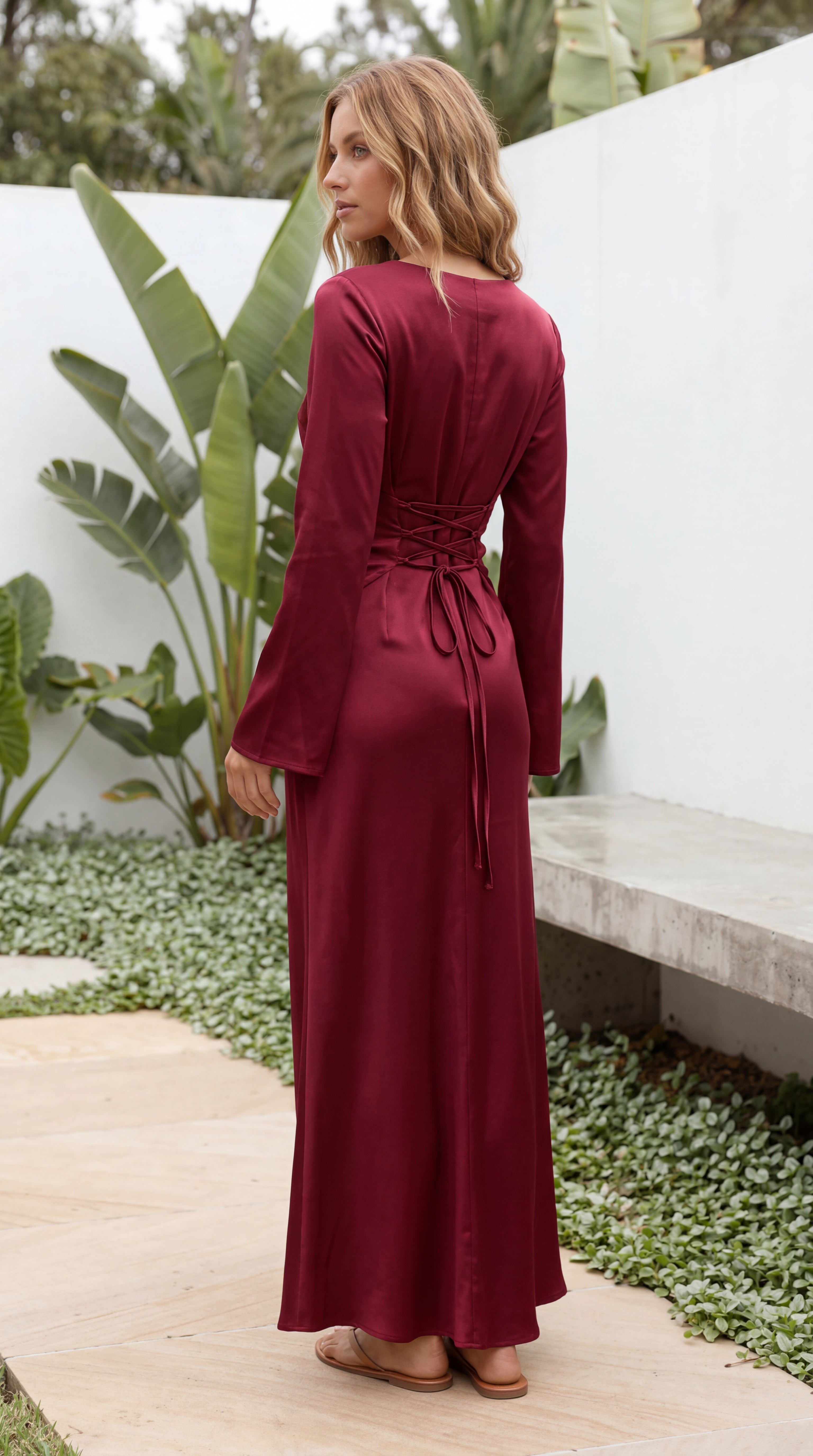 Women’s Boat Neck Flared Bell Sleeve Satin Bias Cut Maxi Dress