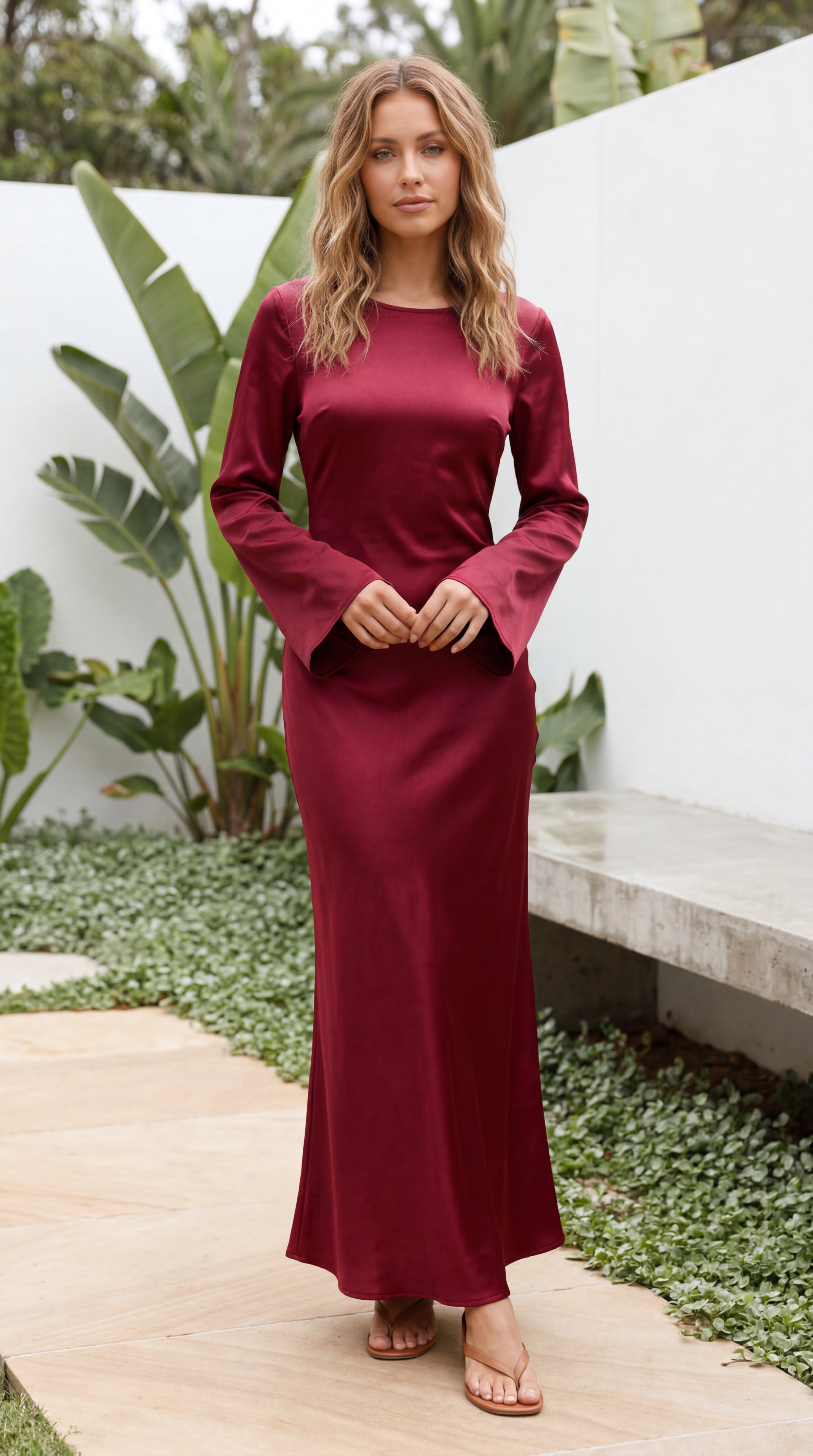 Women’s Boat Neck Flared Bell Sleeve Satin Bias Cut Maxi Dress