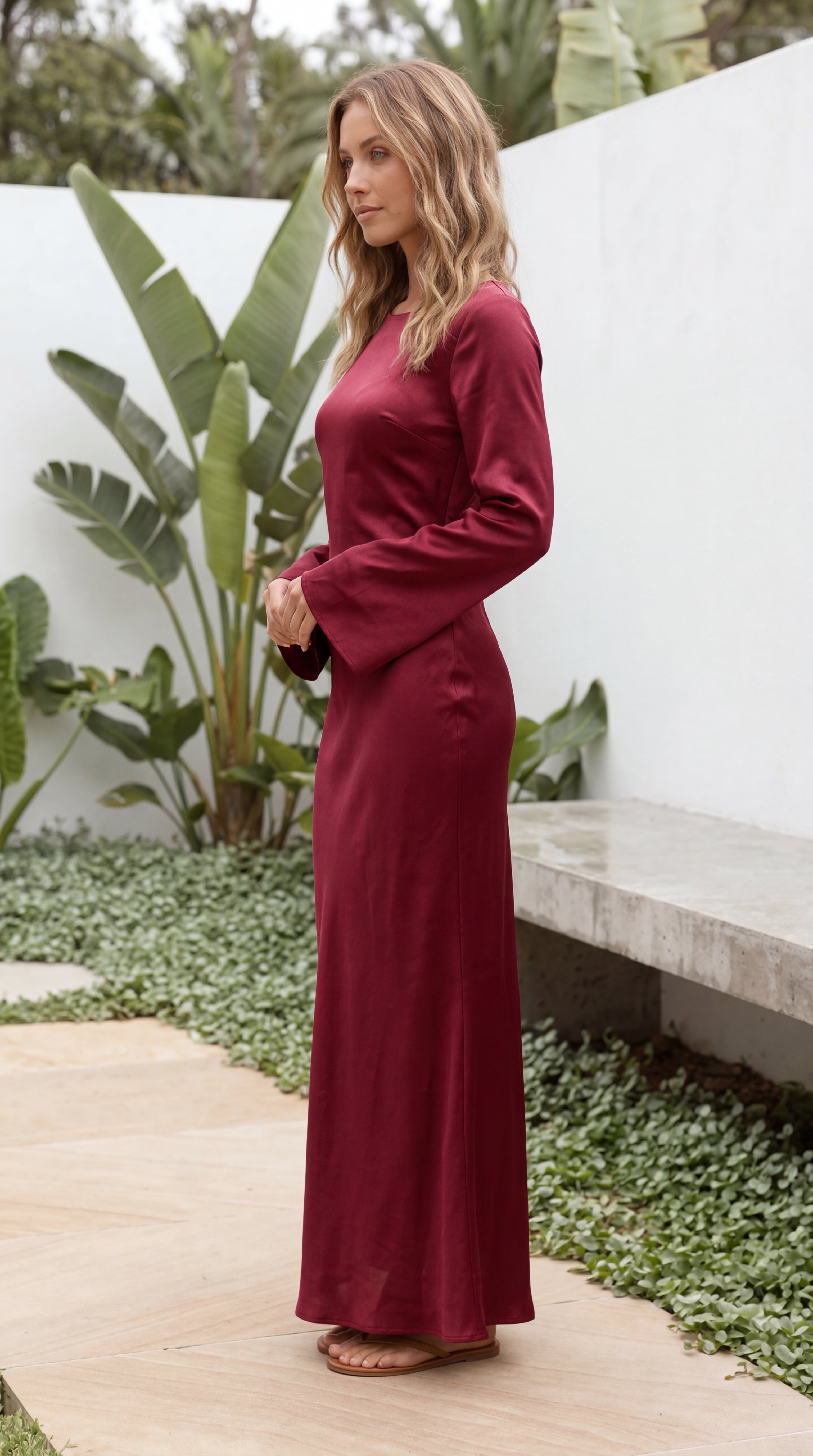 Women’s Boat Neck Flared Bell Sleeve Satin Bias Cut Maxi Dress