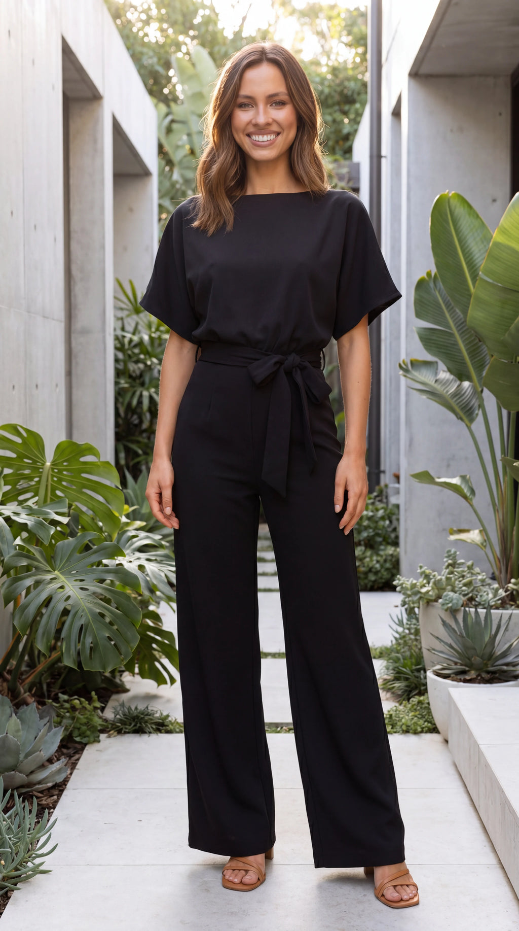 Women's Boat Neck Tie Waist Wide Leg Jumpsuit
