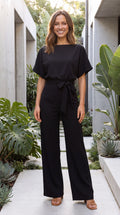 Women's Boat Neck Tie Waist Wide Leg Jumpsuit
