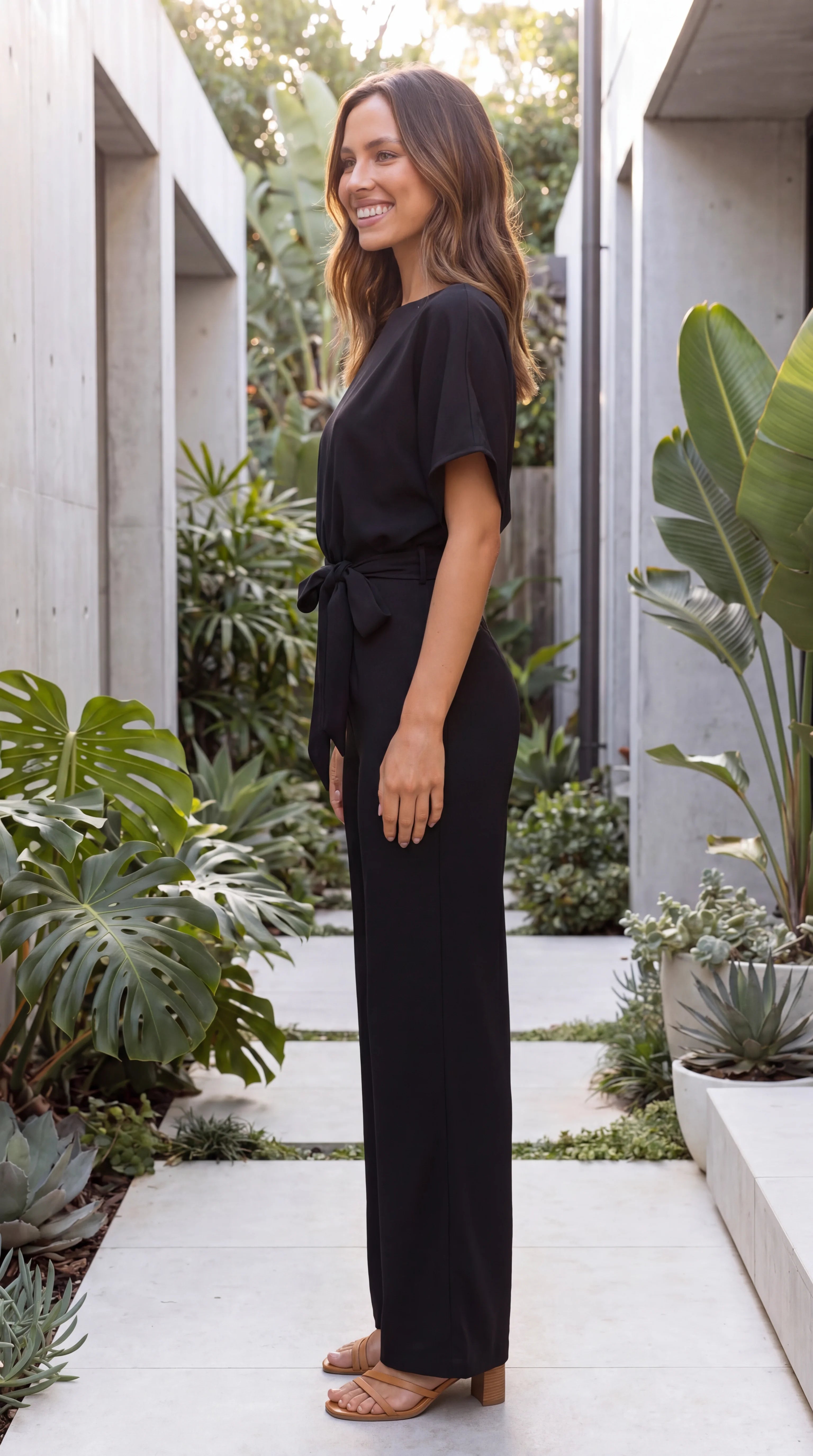 Women's Boat Neck Tie Waist Wide Leg Jumpsuit