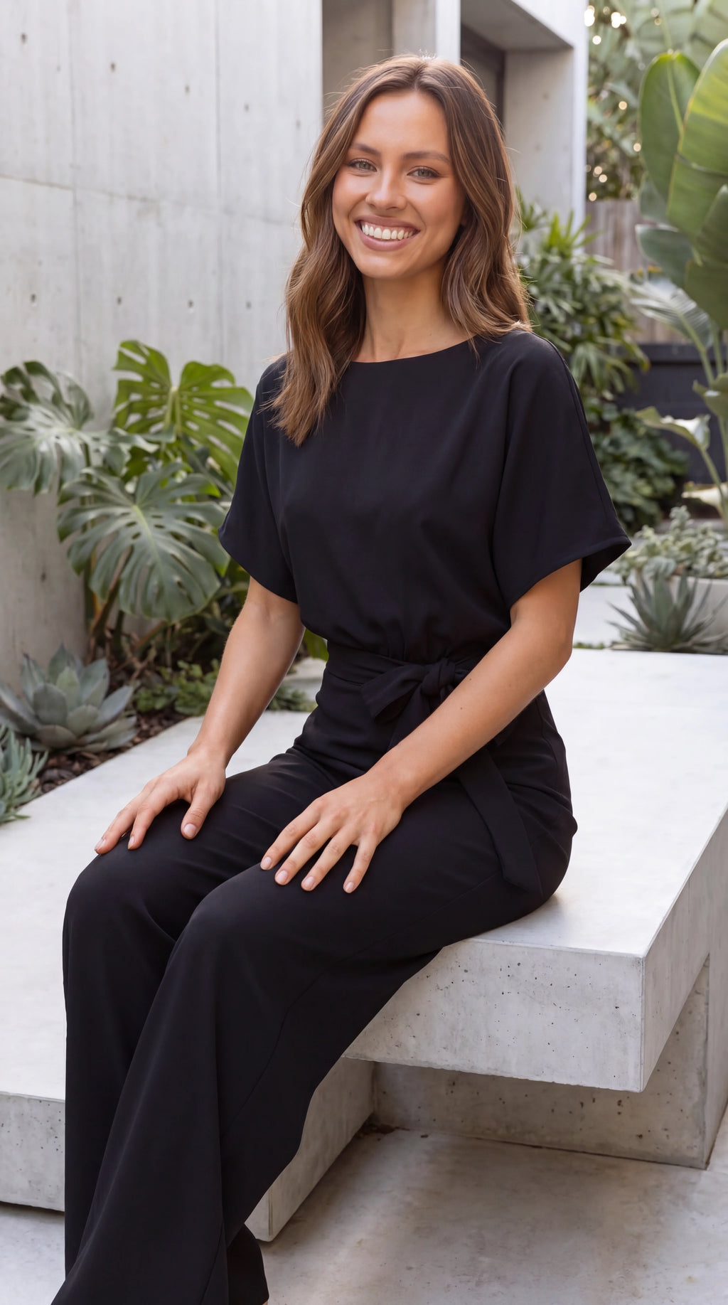 Women's Boat Neck Tie Waist Wide Leg Jumpsuit