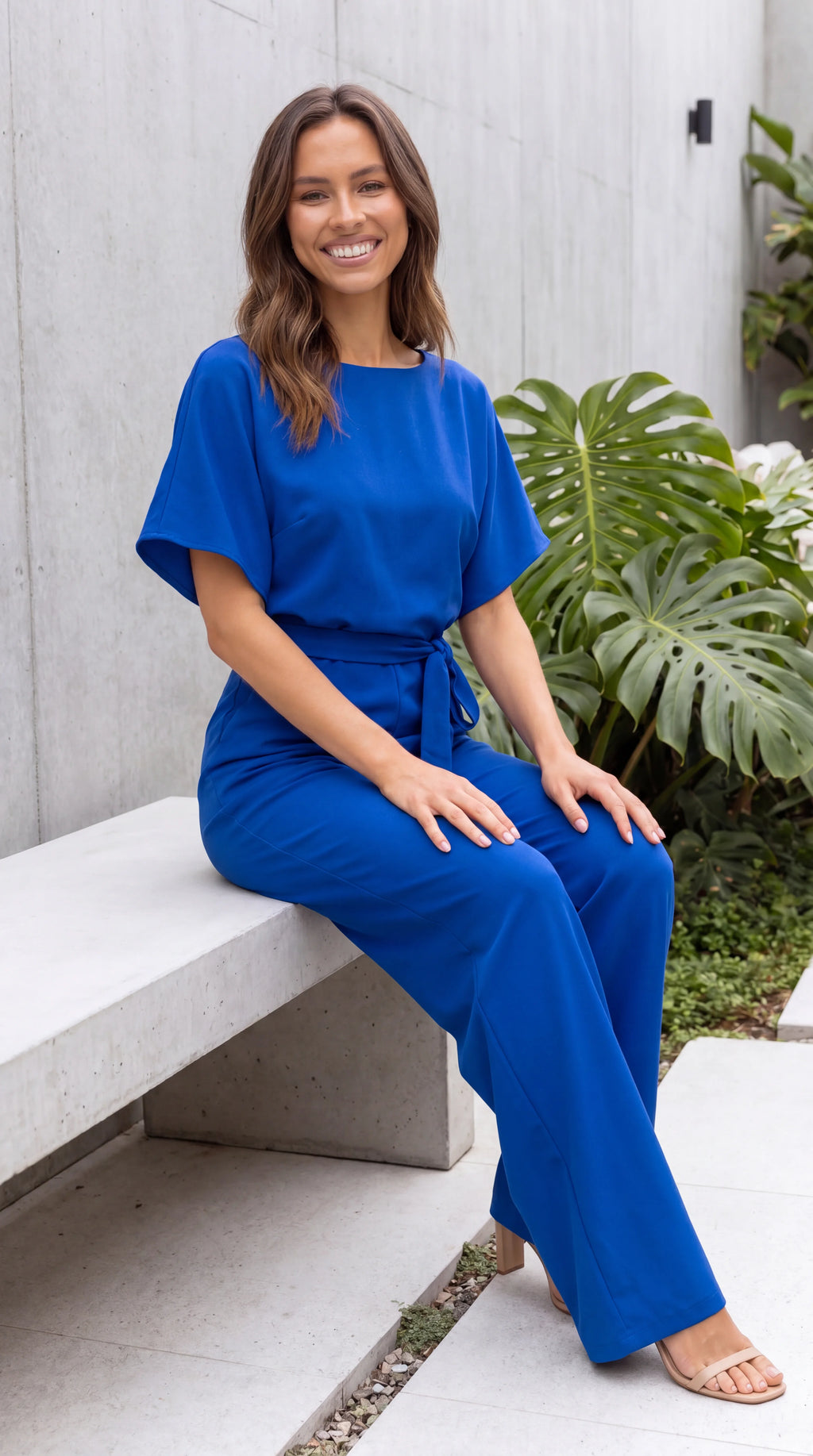 Women's Boat Neck Tie Waist Wide Leg Jumpsuit