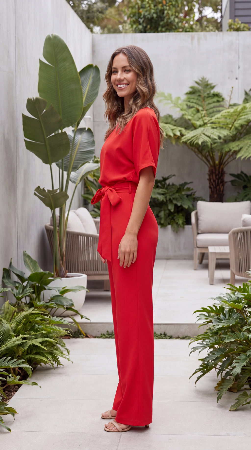 Women's Boat Neck Tie Waist Wide Leg Jumpsuit