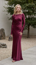 Women's Boat Neck Long Sleeve Satin Bias Cut Maxi Dress