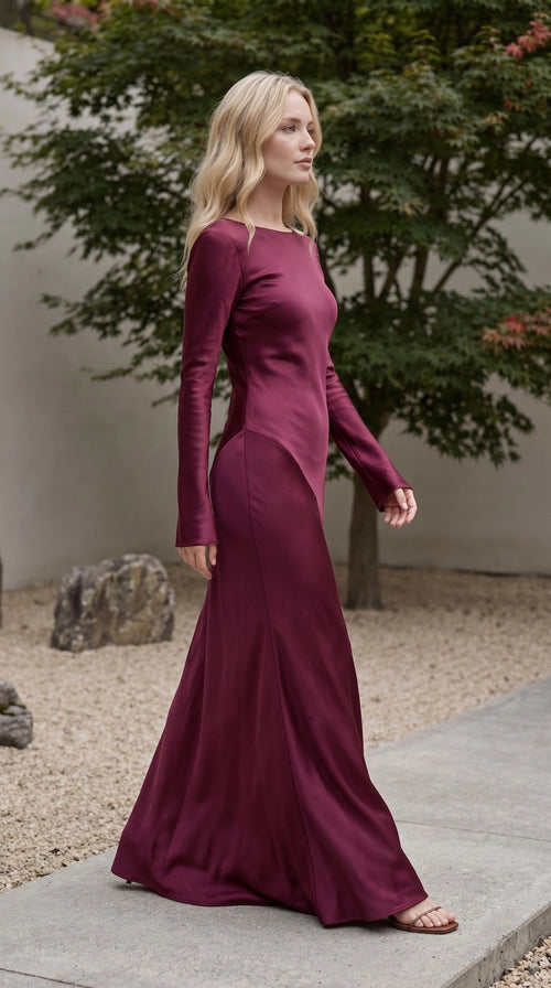 Women's Boat Neck Long Sleeve Satin Bias Cut Maxi Dress