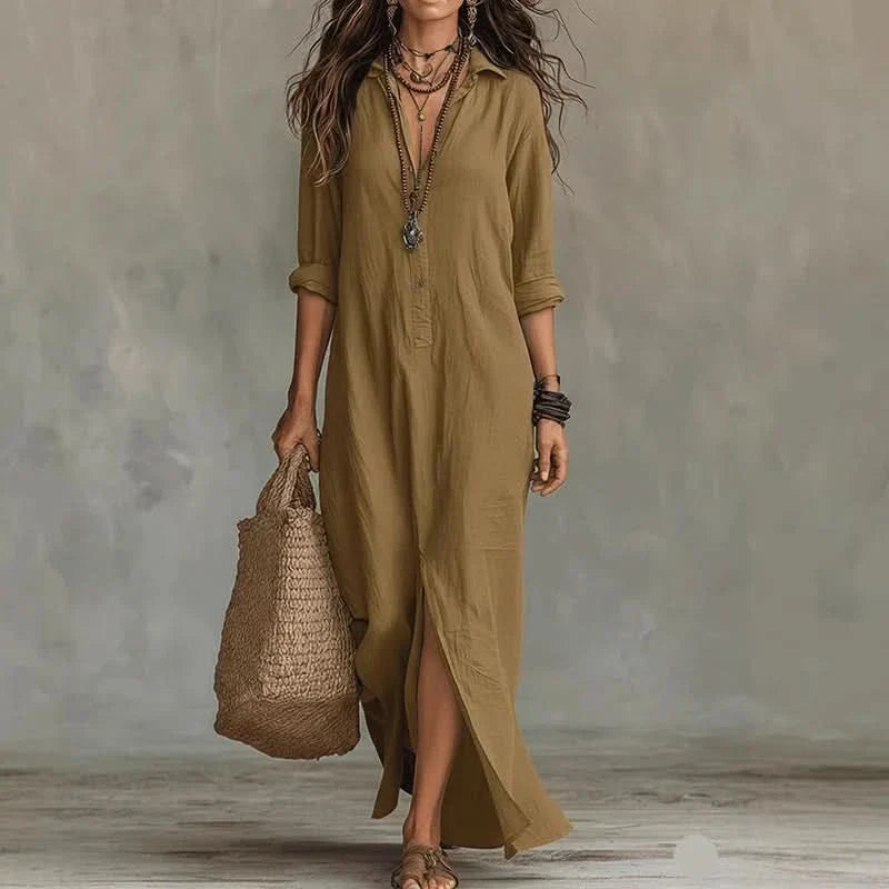 Women's Maxi Dress | Boho Long Sleeve Button Beach Vacation Dress 1