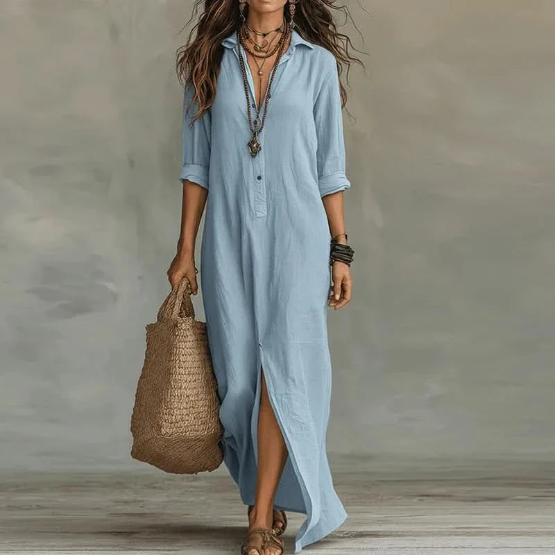 Women's Maxi Dress | Boho Long Sleeve Button Beach Vacation Dress 4