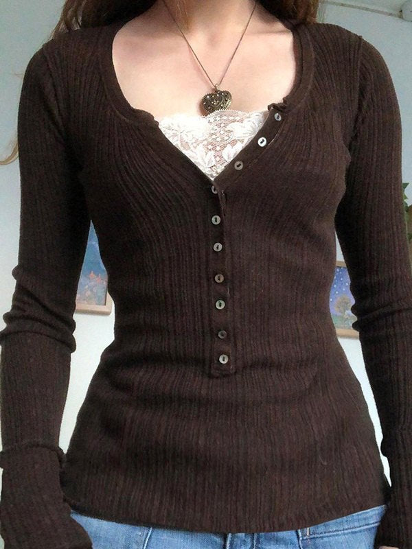 Women's Brown Ribbed Henley Top 1