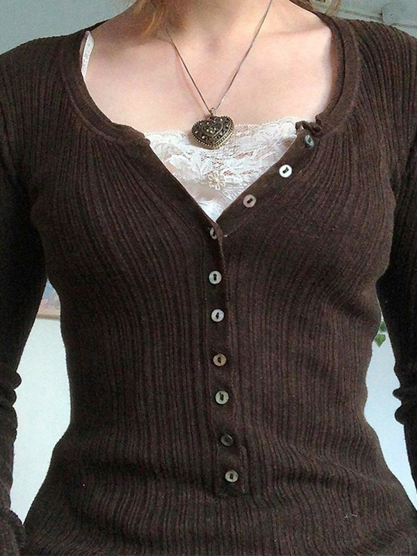Women's Brown Ribbed Henley Top 3