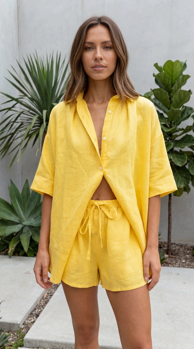 Women’s Button Up Shirt and Drawstring Shorts Matching Set