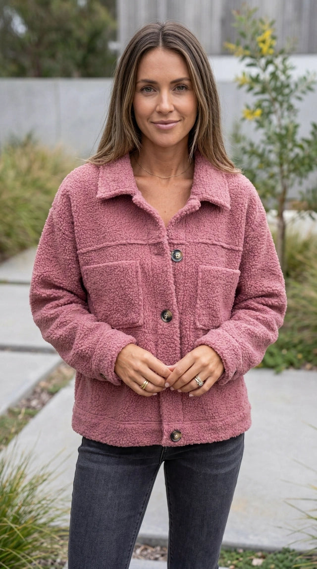 Women's Button-Up Teddy Fleece Jacket with Pockets