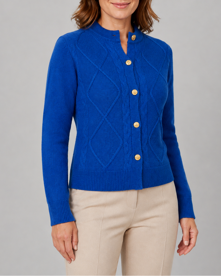 Women's Button Up Round Neck Cable Knit Cardigan
