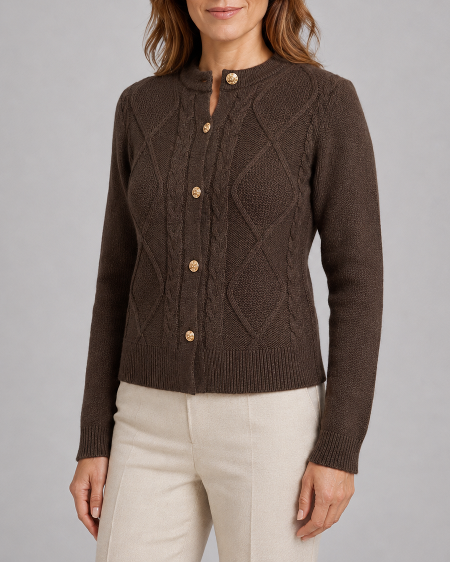 Women's Button Up Round Neck Cable Knit Cardigan