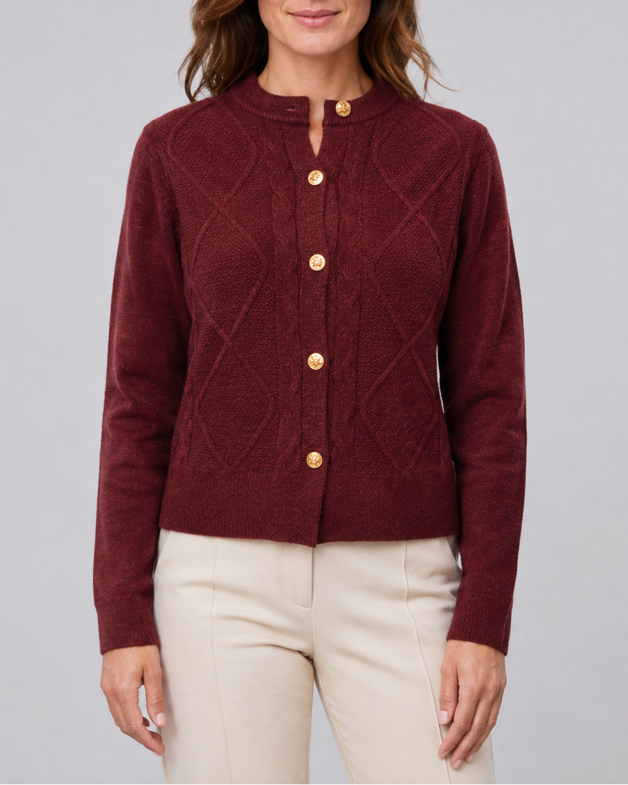 Women's Button Up Round Neck Cable Knit Cardigan
