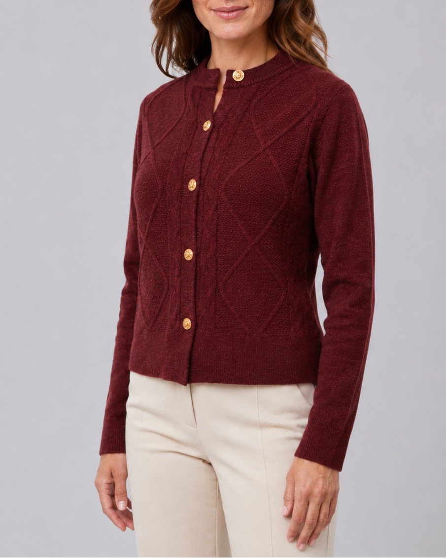 Women's Button Up Round Neck Cable Knit Cardigan