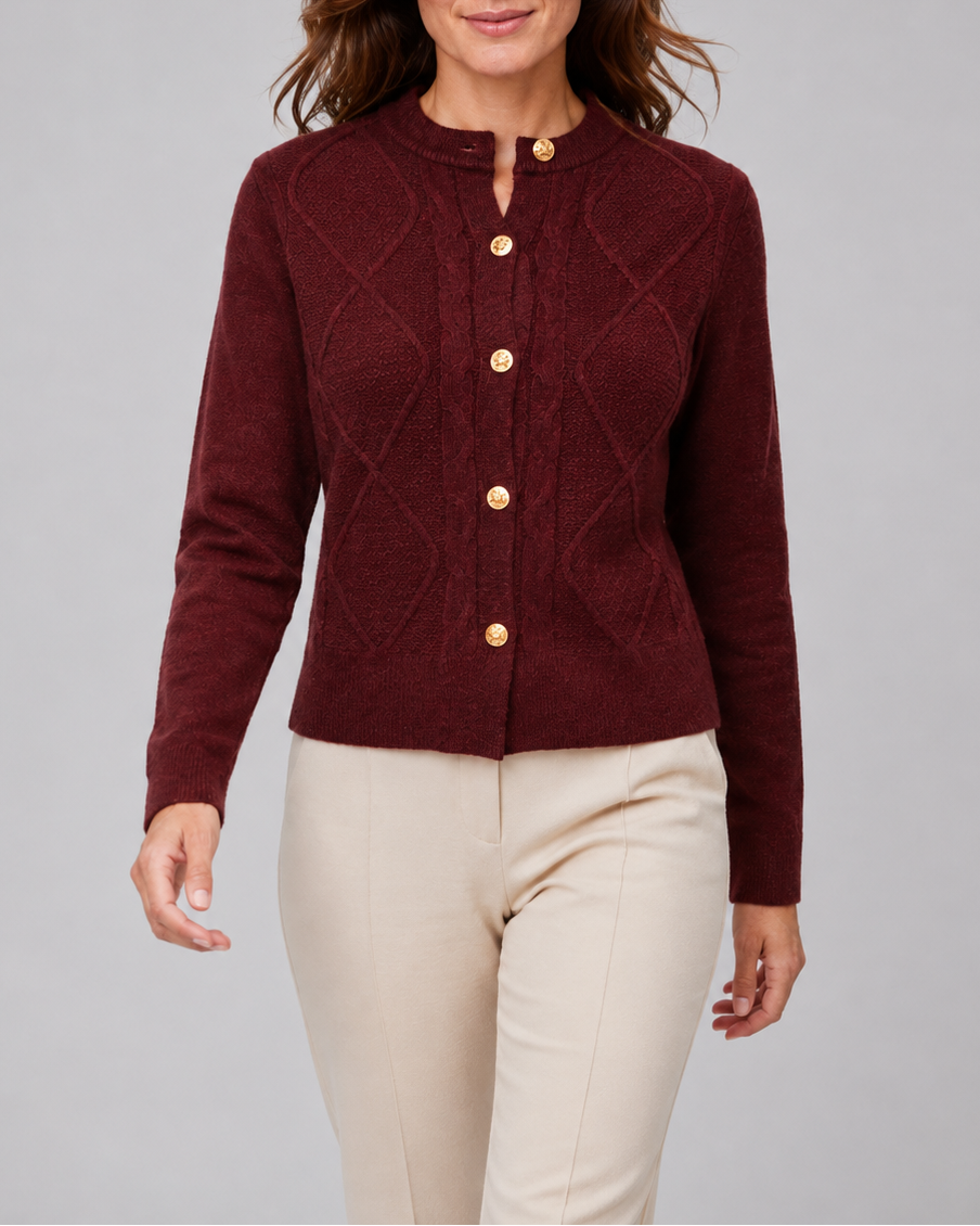 Women's Button Up Round Neck Cable Knit Cardigan