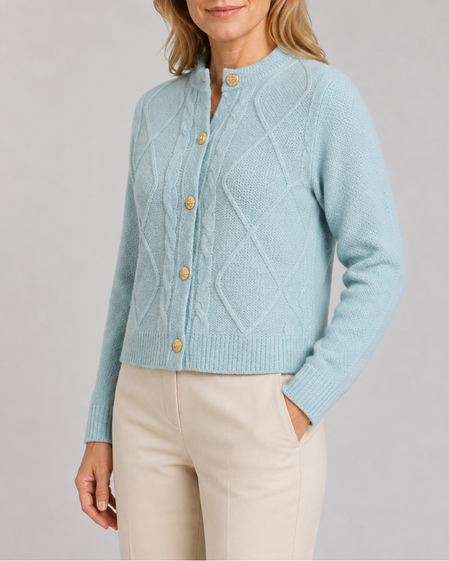 Women's Button Up Round Neck Cable Knit Cardigan