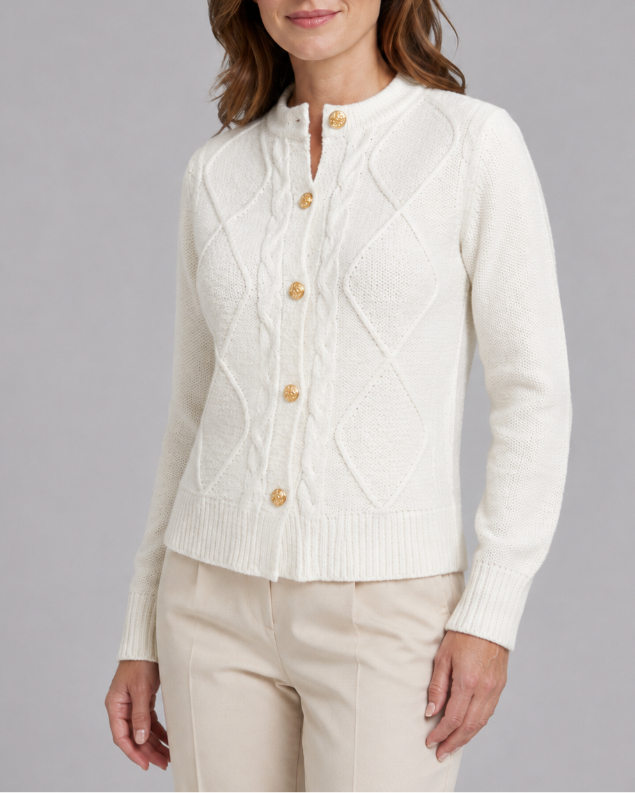 Women's Button Up Round Neck Cable Knit Cardigan