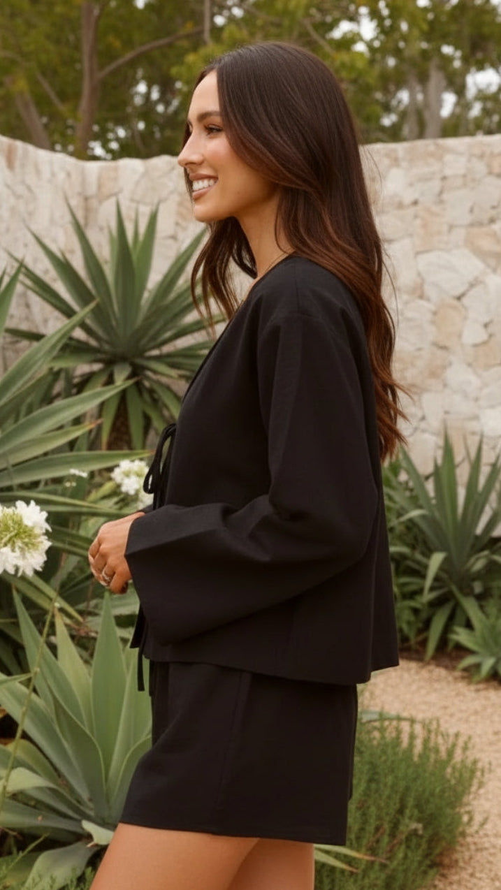 Women’s Long Sleeve Tie Front Top and Shorts Set