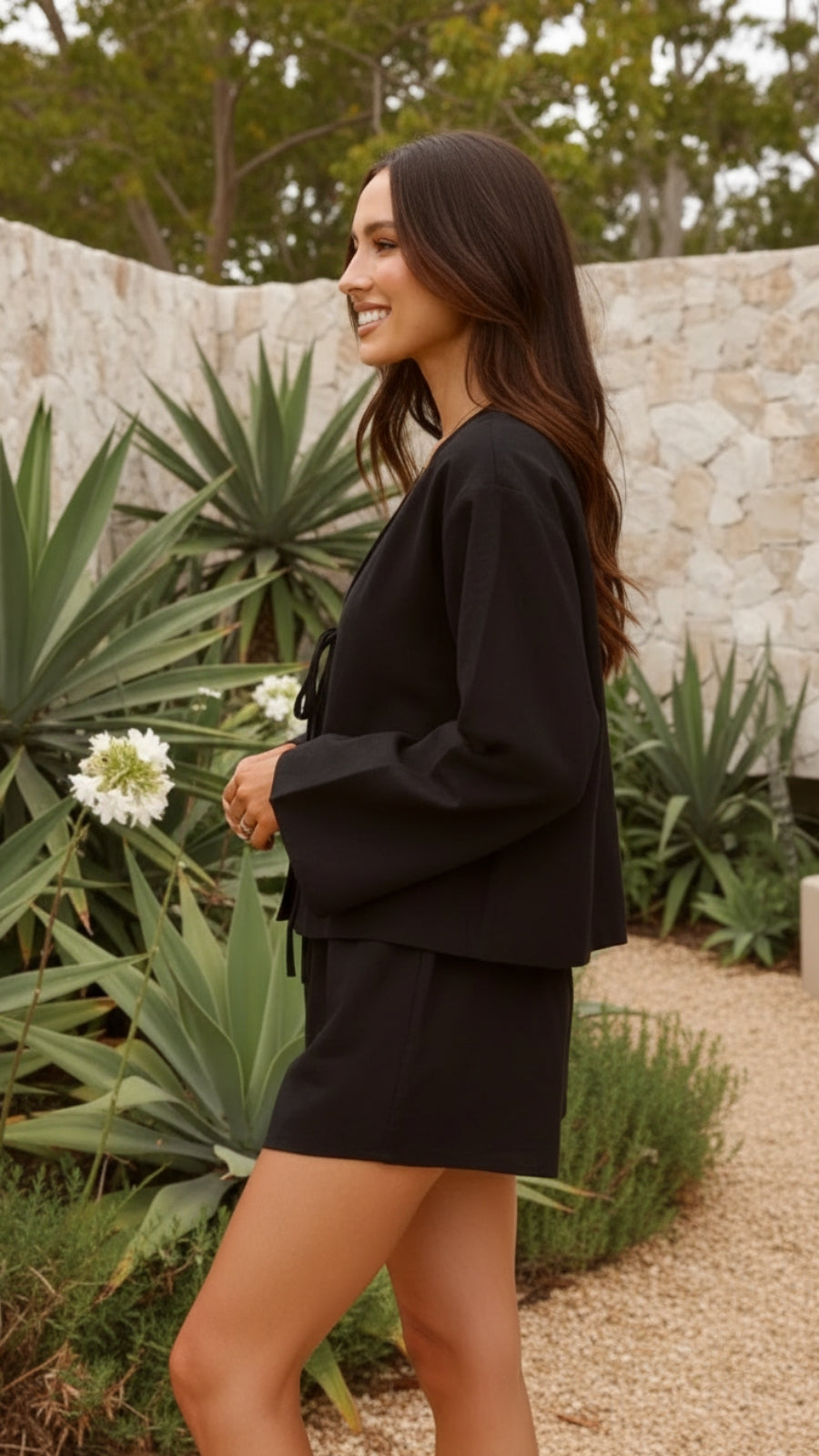 Long Sleeved Matching Tie Front Top and Shorts Set for Women