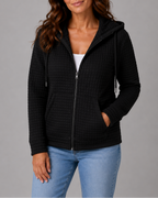 Women's Textured Hooded Jacket | Zip Up Drawstring Cardigan with Pockets